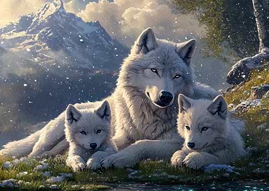 Wolf Family Snowy Mountains