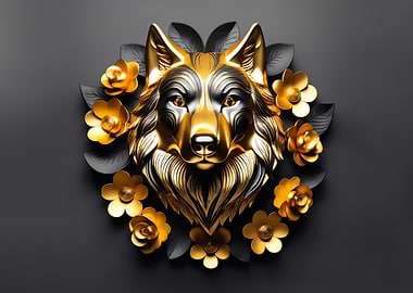 3D Golden Wolf with Flowers
