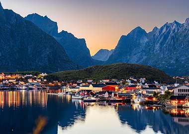 Magical Sky in a Norwegian Coastal Village at Dusk