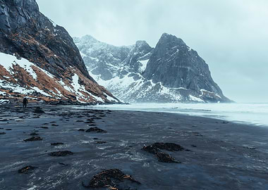 Snowy Mountain Beach in rough norwegian winter