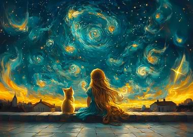 Girl and Cat Under Starry Sky