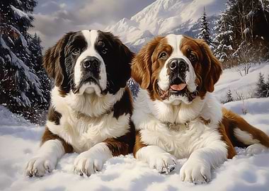 Two Saint Bernards in Snow