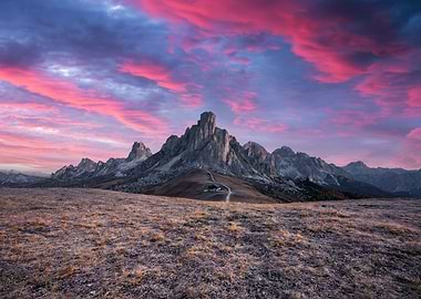 Picturesque landscape during incredible pink sunset in Italian Dolomites