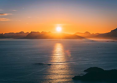 Magical Sunset at Lofoten with Mountains and Boats