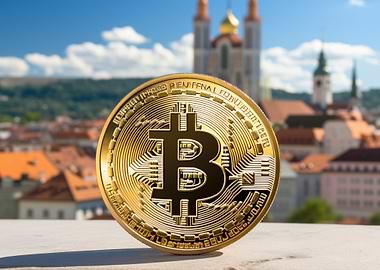 Bitcoin Coin on Cityscape