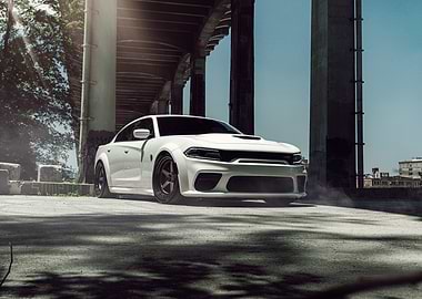 White Dodge Charger Under Bridge