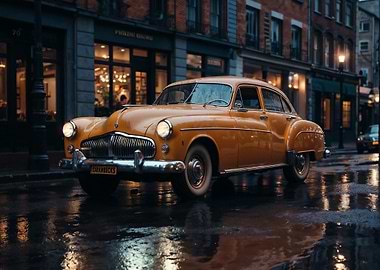 Vintage Car in City Rain