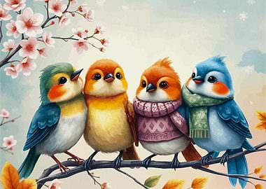 Cute Birds on Branch