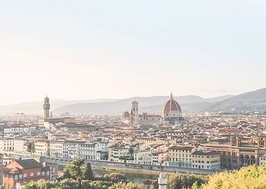Florence, Italy I Pastel panorama of the city on the Duomo Santa Maria by the sunset light in summer vintage aesthetic with views of Tuscany countryside, cypress trees, the Arno river and mountains