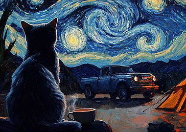 Cat Under Starry Night