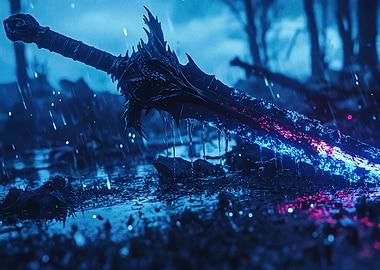 Glowing Sword in Rain
