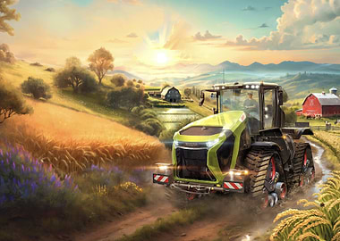 Farm Tractor in Golden Field