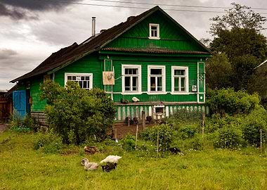 Green Wooden House with Ducks
