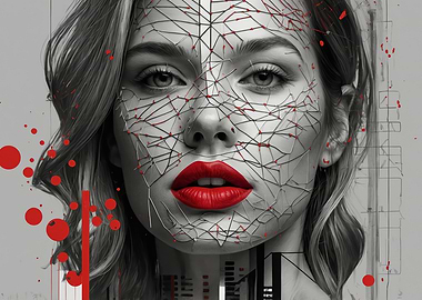 Woman with Red Lips and Geometric Pattern