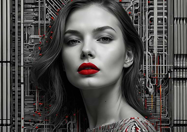 Woman with Red Lips in a Tech Setting
