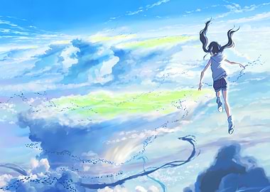 Anime Girl Flying Through Clouds