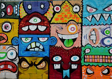 Colorful Cartoon face Graffiti Wall