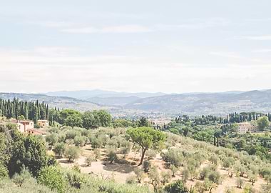Florence, Italy I Panoramic skyline view of nature and mountains in Tuscany countryside in fine art for la dolce vita in a nature landscape of retro vintage aesthetic in green pastel summer colors