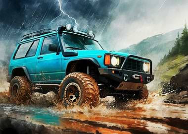 Blue Off-Road Vehicle in Rain