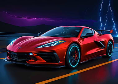 Red Corvette Under Neon Sky
