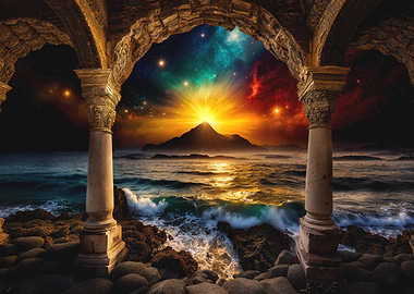 Cosmic Seascape Through Archway