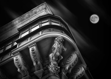 Corner balcony architecture in Valletta - Black and white photo