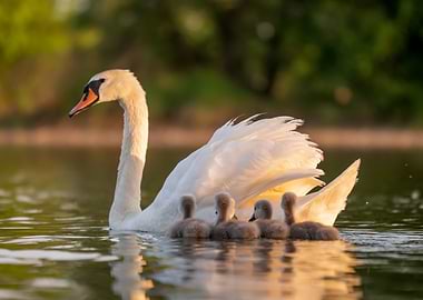 Swan Family on Water