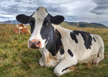 Black and White Cow in Mountain Field