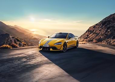 Yellow Sports Car on Mountain Road