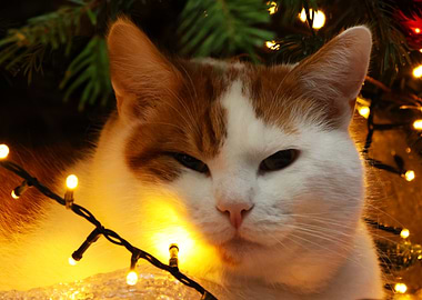 Cat Under Christmas Lights