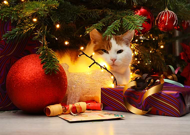 Cat Under Christmas Tree
