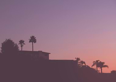 Los Angeles, USA I Los Angeles california skyline in a pastel violet pink sunset sky with palm trees with the silhouette contrasting of Hollywood and Beverly Hills villas from the Griffith Observatory