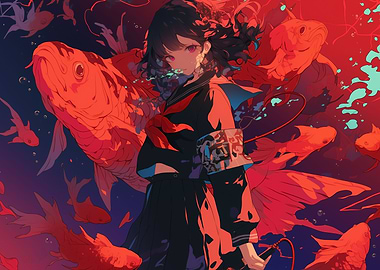 Anime Girl with Koi Fish