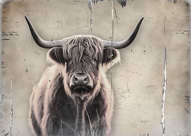 Highland Cow on Grunge Distressed Background