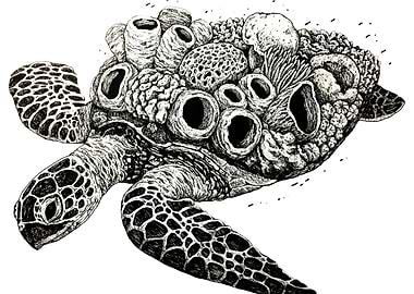 Sea Turtle with Coral