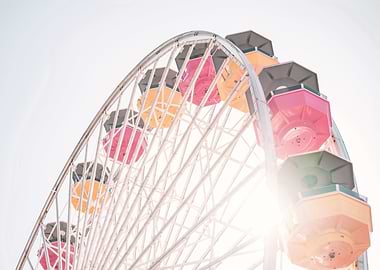Los Angeles, USA I Ferris wheel in Santa Monica under California sun with a pastel summer aesthetic for a minimalist geometric composition of a retro vintage photography taken with a film camera
