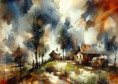 Watercolor Village Scene