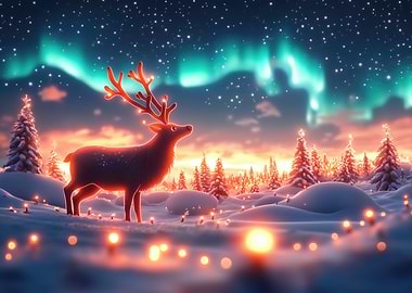 Winter Magic: Deer Under Aurora Borealis