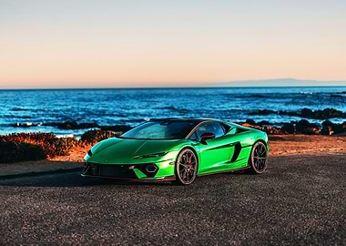 Green Lamborghini by the Sea