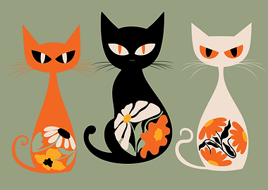 Three Boho Cats with Flower Accents
