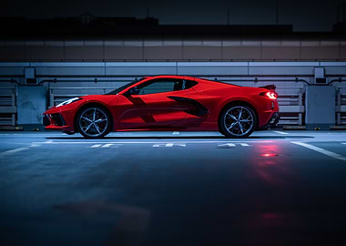 Red Corvette in Parking Garage