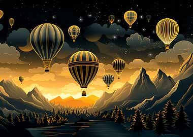 Hot Air Balloons Over Mountains