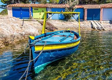 Blue and Yellow Boat by the Shore