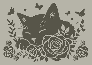 Sleeping Cat with Roses and Butterflies