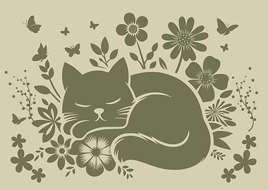 Minimalist Sleeping Cat in Flowers