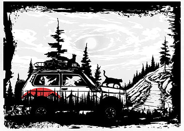 Car in Forest and Cats