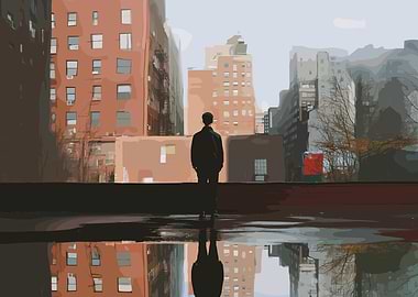 Man in Cityscape Residential Reflection