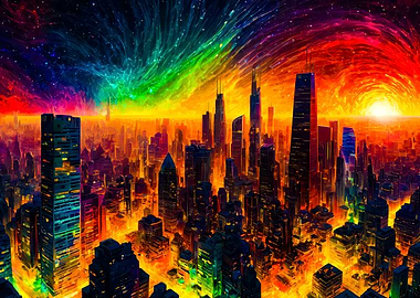 Cityscape with Rainbow Sky