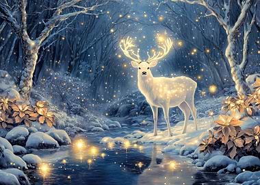 White Deer in Snowy Forest