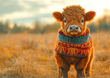 Cute Calf in Knitted Scarf